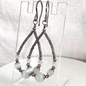 Natural Selenite Teardrop Hoop Earrings in Stainless Steel Handmade Artisan